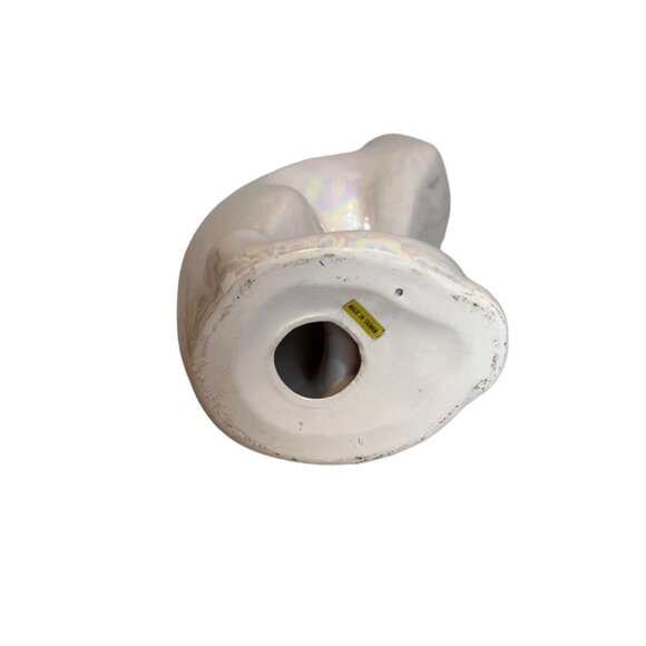 Vintage Ceramic 12" Cat Statue White Iridescent Finish‎ Floral Bow Accent 80s - Picture 5 of 6